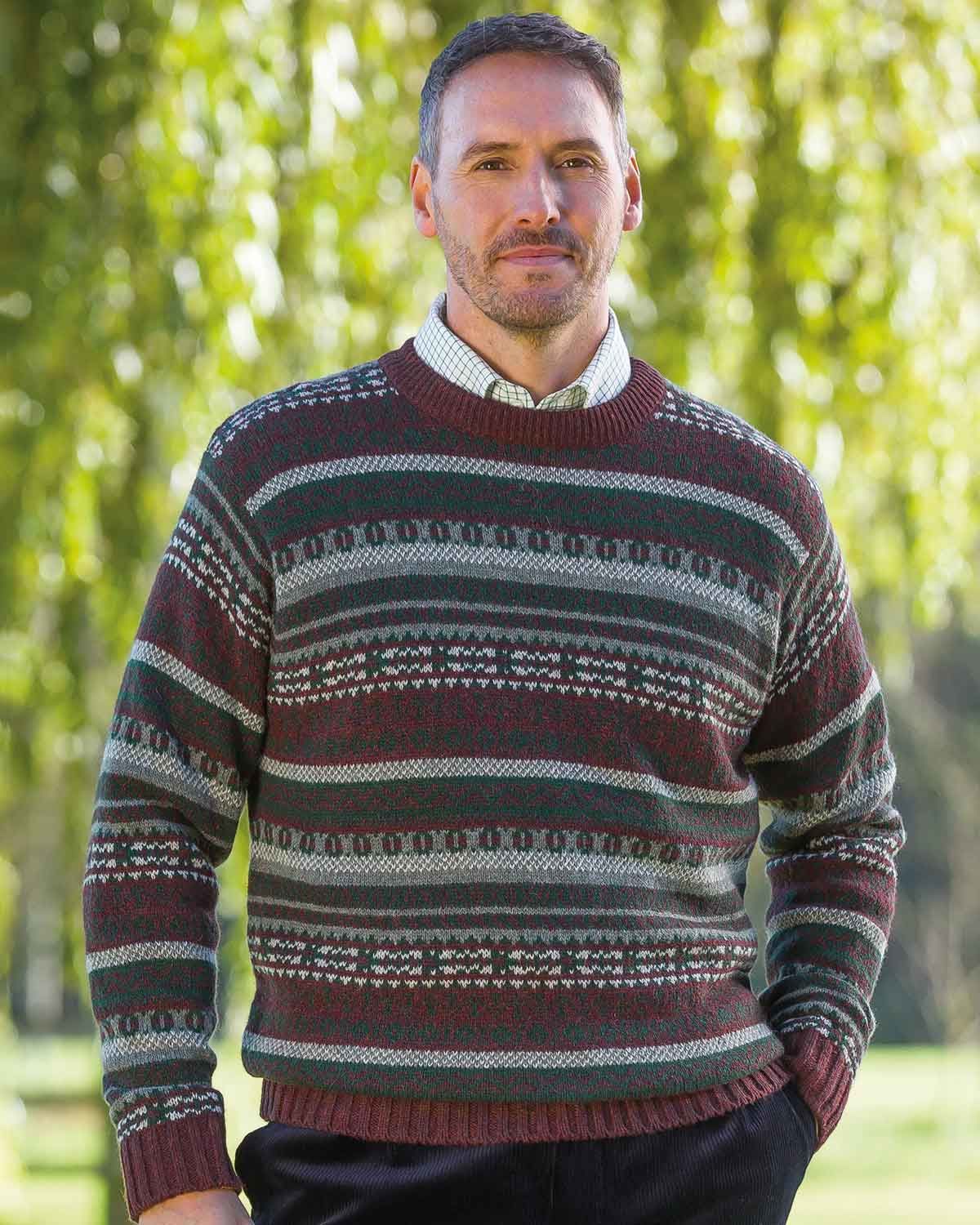 Mens Burgundy Shetland Wool Jumpers, Fairisle Crew Neck Sweater